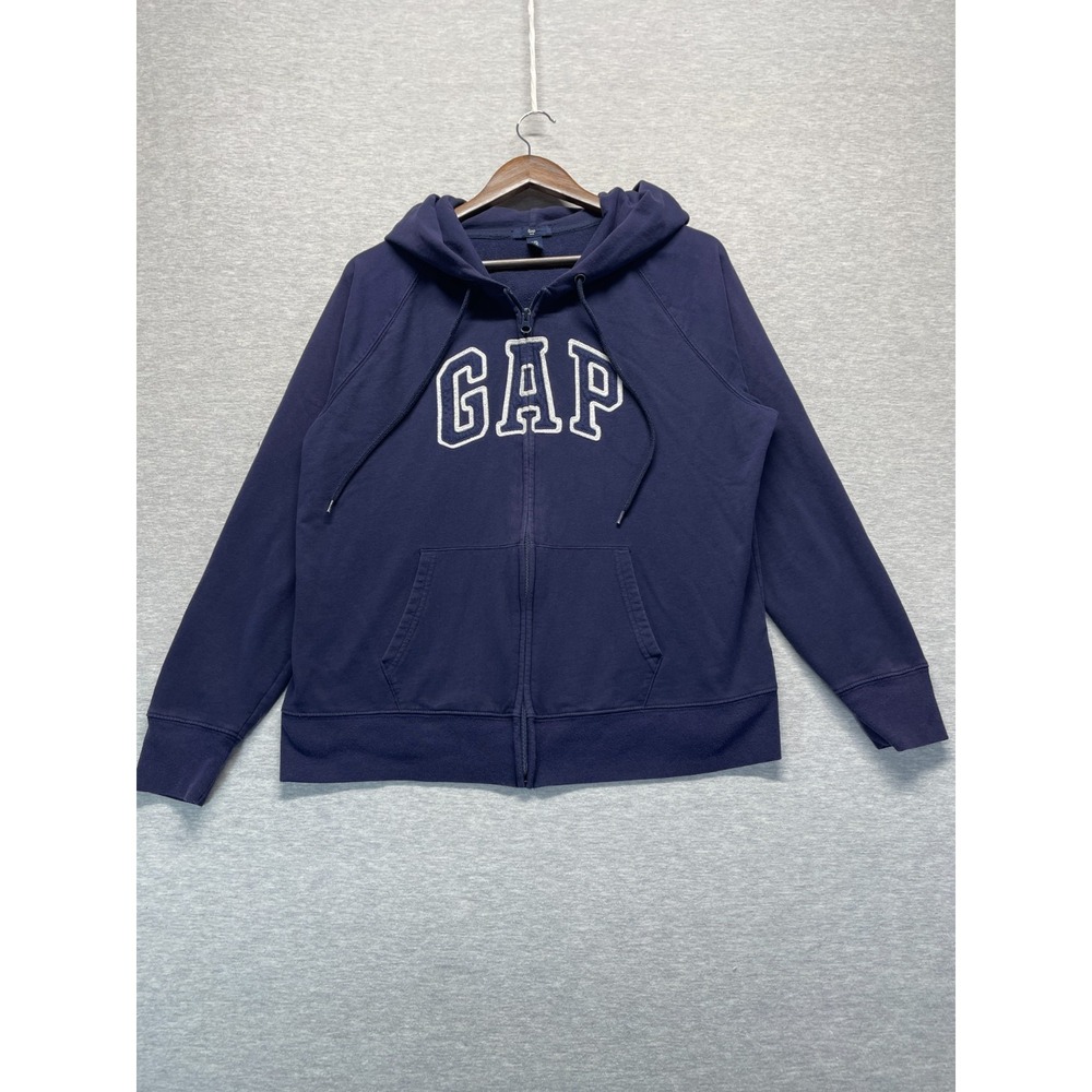 Gap Hoodie Womens 2XL Navy Blue Fleece Lined Raglan Sleeve Full Zip Logo
